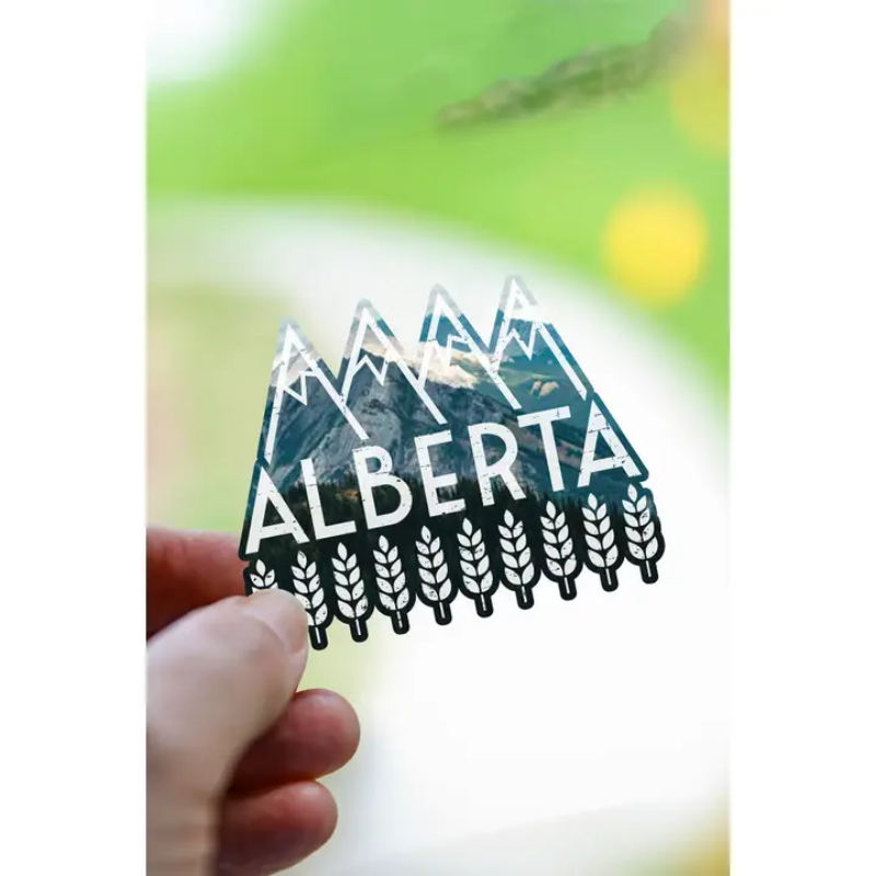 Durable vinyl Alberta decal with mountain and prairie design