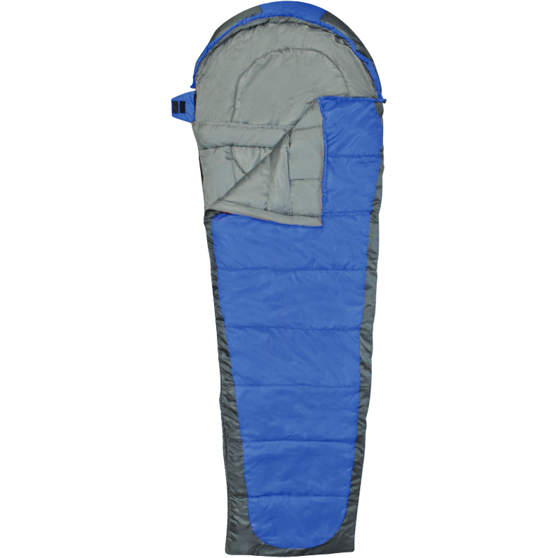 Blue and gray sleeping bag on a white background