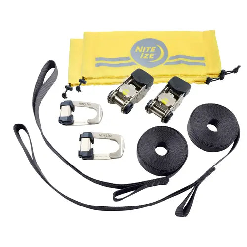 Ratchet strap set with Nite Ize logo on a yellow pouch against a white background