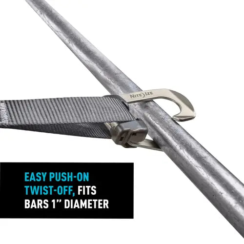 Nite Ize strap with push-on twist-off feature attached to a metal bar on a white background.