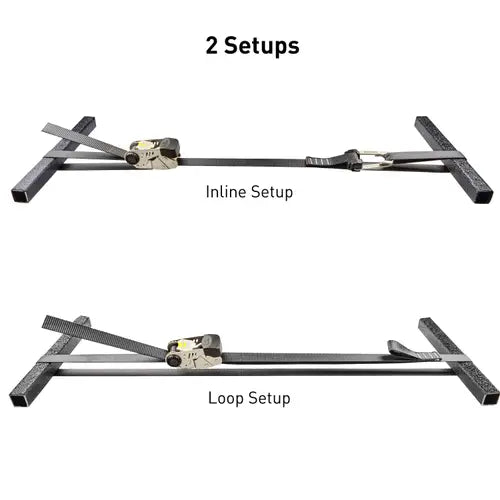 Two configurations of a crossbar system labeled 'Inline Setup' and 'Loop Setup' on a white background.