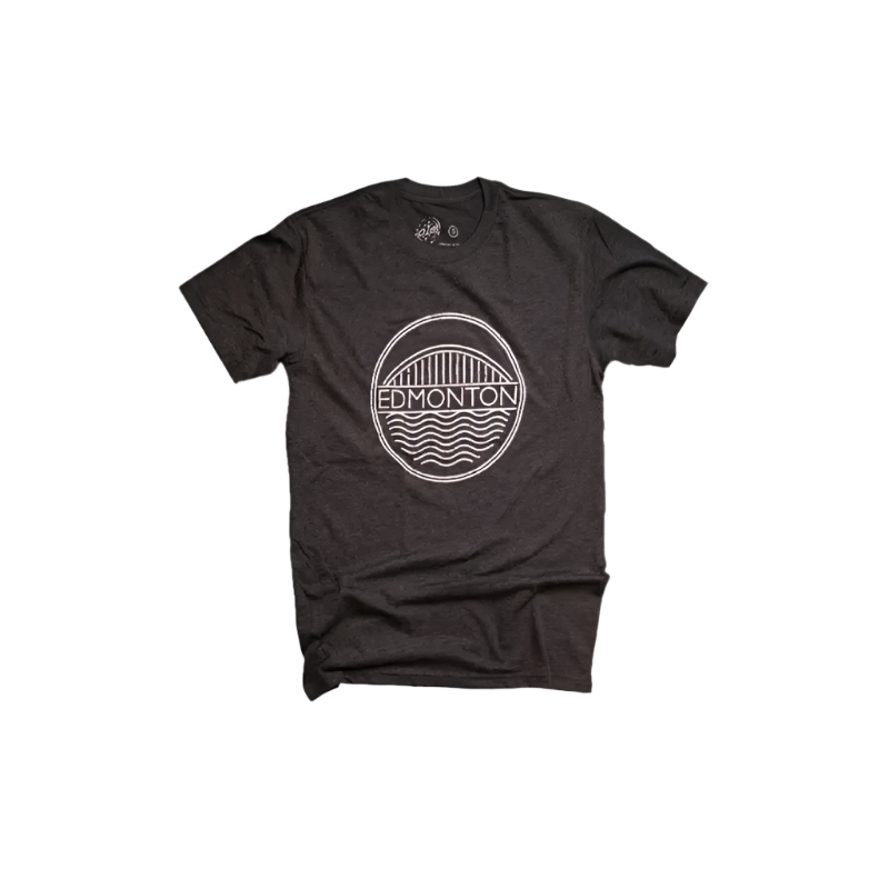 Dark gray t-shirt with 'Edmonton' graphic on a white background