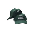 Two green baseball caps with text and graphics on a white background