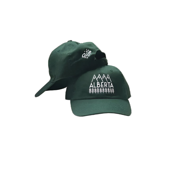 Two green baseball caps with text and graphics on a white background