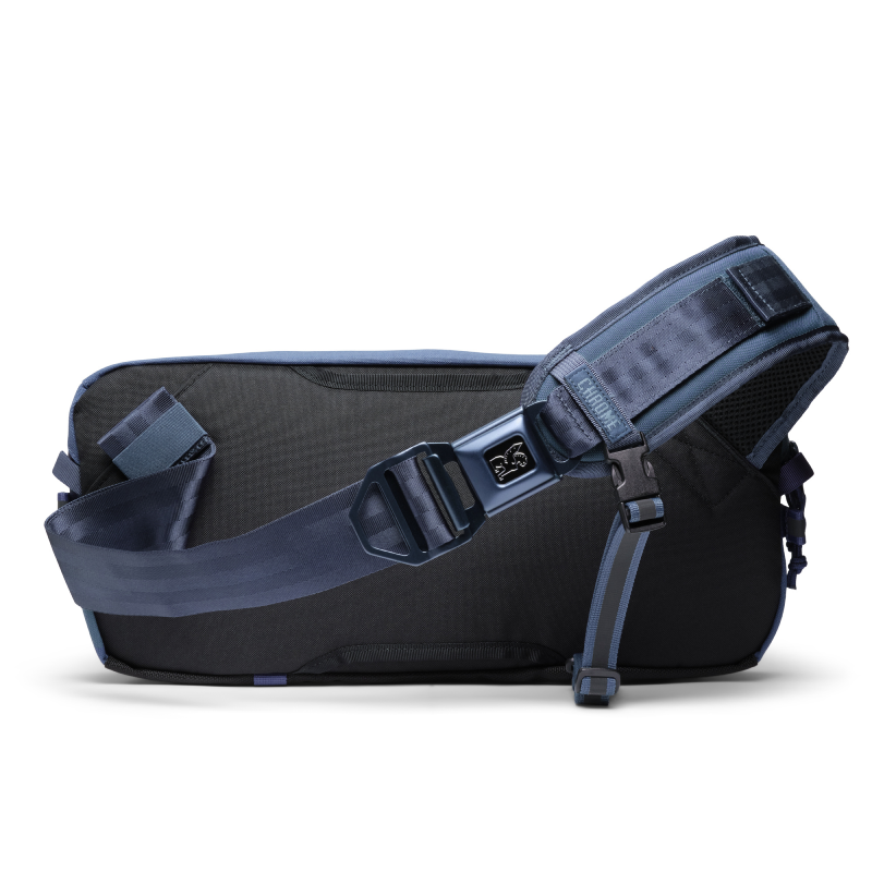 Compact Chrome Kadet Sling Bag with seatbelt buckle in Indigo