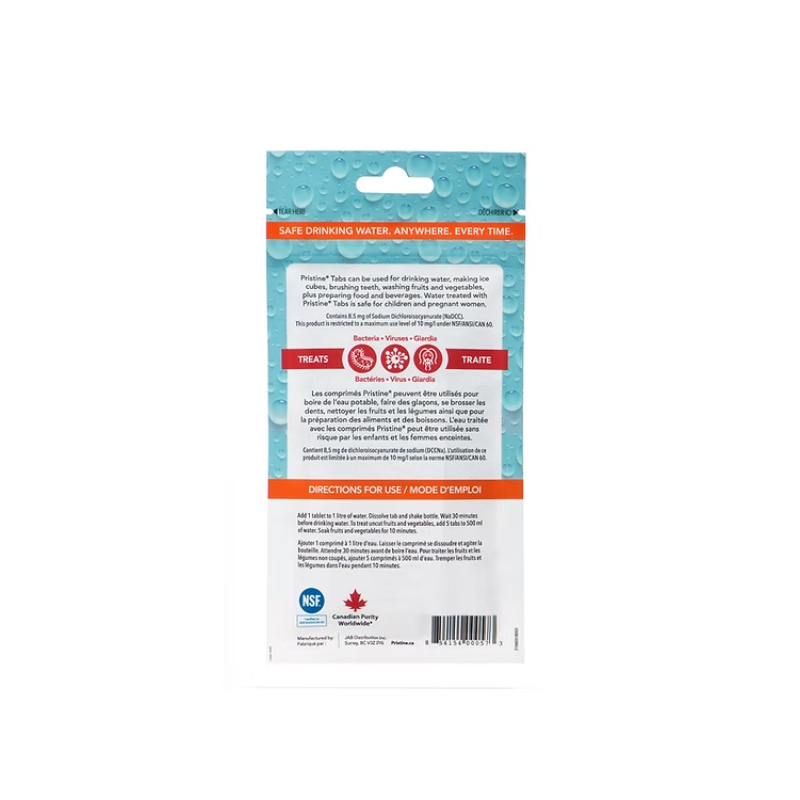 Pristine water purification tablets 8.5mg pack - rear